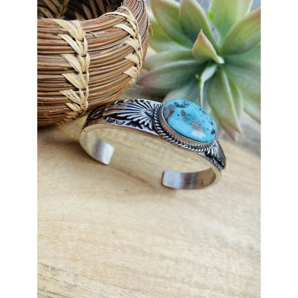 Navajo Sterling Silver & Royston Turquoise Cuff Bracelet Signed - Picture 4 of 8